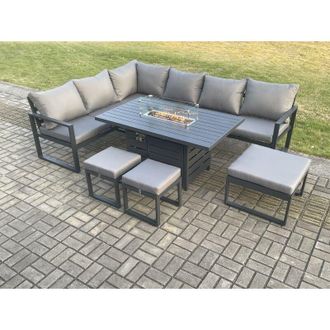 Fimous Aluminium 8 Pieces Garden Furniture Corner Sofa Set with Cushions Gas Fire Pit Dining Table Set with 3 Footstools Dark Grey - Fimous