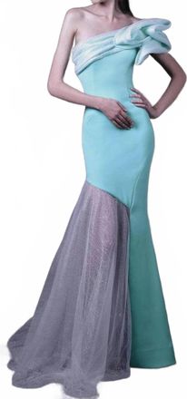 MNM Couture Off Shoulder Asymmetric Evening Gown In Aqua