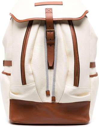 Brunello Cucinelli logo-patch grained-leather backpack - men - Calf Leather/Metal/Calf Suede - OS - Neutrals