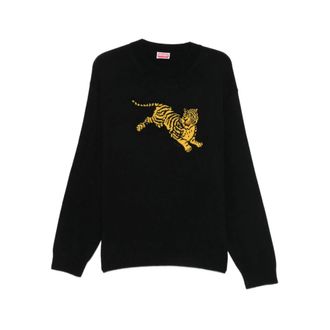 Kenzo Truien & Vesten, Heren, Zwart, S, Katoen, Jumping Tiger Geborduurde Trui