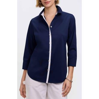 Foxcroft Charlie Contrast Trim Cotton Blend Button-Up Shirt in Navy at Nordstrom, Size 22W