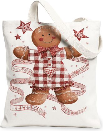 Generic Christmas Gingerbread Canvas Tote Bags, Holiday Biscuits Pattern Reusable Grocery Bags, Winter Rustic Lightweight Washable, White, 13x15 Inch