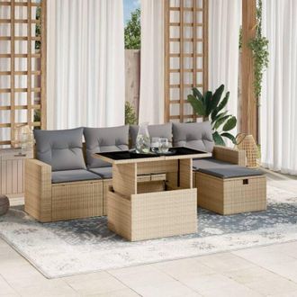 vidaXL Juego De Sof&aacute;s Jard&iacute;n Con Cojines 6 Pzas Rat&aacute;n Sint&eacute;tico Beige