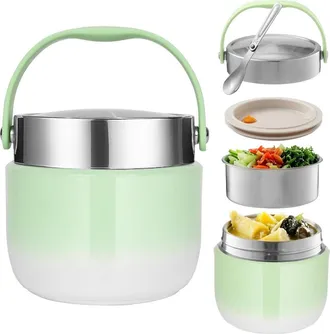 OEM Fiambrera T&eacute;rmica - 1200 Ml - Contenedor Alimentario Aislado Con Compartimentos - Para Comida Caliente O Fr&iacute;a - Cuchara Plegable Incluida - Verde