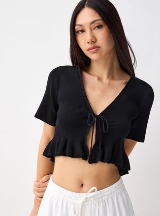 Twik Womens Ruffled-trim tie-front cropped Cardigan Sweater