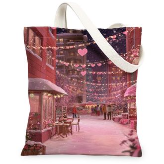 Generic ValentineS Hearts Canvas Tote Bags, Love Pattern Reusable Grocery Bags, Winter Vintage Lightweight Washable Shoulder Strap, Peach, 13x15 Inch