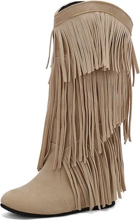 Generic Womens Suede Knee-High Boots Layered Fringe Decor High Wedge Heel Comfortable Round Toe Stylish Western Cowboy Style for Casual Party Daily Outfits,Be