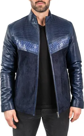 Maceoo Pythonshield Blue Snakeskin Embossed Leather Jacket at Nordstrom, Size 4