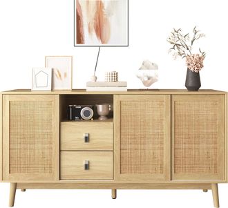 STILVORA Aparador Con 3 Puertas Correderas De Rat&aacute;n, 2 Cajones, Patas De Madera Maciza, Estilo Natural, En Mdf, 155&times;38&times;80 Cm, Madera
