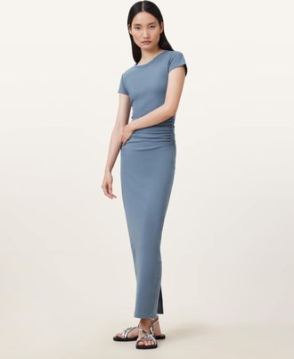 AllSaints Cotton Katarina Short Sleeve Slim Fit Maxi Dress, Size: UK 14/US 10