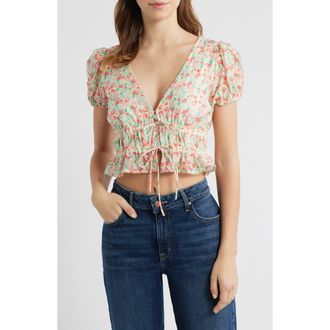 All in Favor Floral Tie Front Crop Top in Cream Pink at Nordstrom, Size X-Small