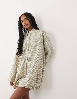 Asos Vestito camicia corto monocromatico a quadri con polsini ampi e fondo a palloncino-Multi