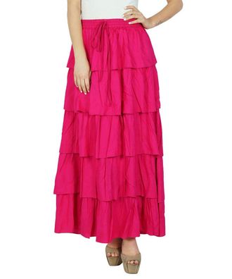 Bimba Women Pink Cotton Frill Skirt Long Flaired Elastic Waist Maxi Bottoms