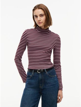 Tommy Hilfiger Womens Slim Fit Striped Mockneck T-Shirt - Mystic Orchid - XXL
