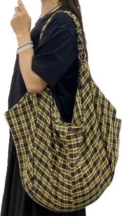Generic NYSDM Vintage Plaid Canvas Tote Women Large Capacity Fashion Travel Shoulder Bag for Work Shopping Aesthetic Designer