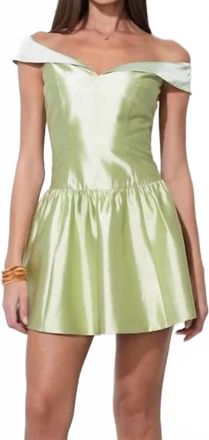 Adelyn Rae Darcy Off Shoulder Satin Drop Waist Mini Dress In Chartreuse