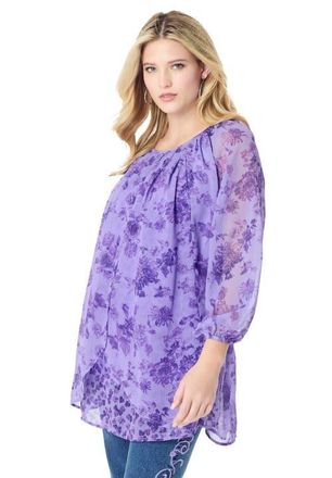 Roaman's Blouson Sleeve Overlay Blouse in Vintage Lavender Garden at Nordstrom, Size 12