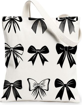 Generic Vintage Elegant Canvas Tote Bags, Stylish Bows Pattern Reusable Grocery Bags, Lightweight Washable Shoulder Strap Canvas for Shopping Travel Beach Pic