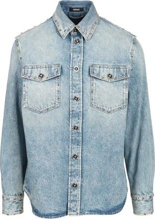 Versace Stonewashed Katoenen Denim Overhemd - Heren - Spijkeroverhemden - Blauw - 4XL - Katoen - Overhemden