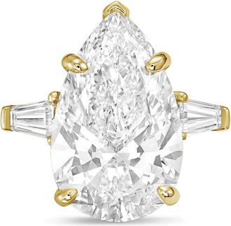 Diana M. Jewels 18kt yellow gold 10ct lab grown pear diamond ring with baguettes on the sides