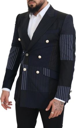 Dolce & Gabbana Mens Blue Wool Patchwork Double Breasted Blazer Navy Virgin Clothing