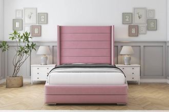 Sloomy Sterling Plush Bed Frame With 50 Upholstered Wingback Headboard in Pink | Size: Small Single
