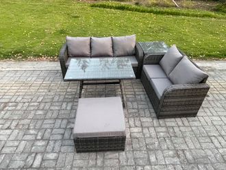 Fimous High Back Rattan Sofa Set Outdoor Garden Furniture Dining Table Set Love Sofa 3 Seater Sofa Big Footstool in Dark Grey