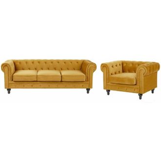 Beliani Set da Salotto Divano + Poltrona Chesterfield Velluto Giallo Gambe Nere Chesterfield