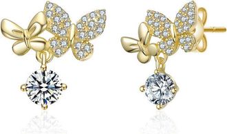 Rachel Glauber 14K Gold Plated with Clear Cubic Zirconia Double Butterfly Design Stud Earrings