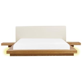 Beliani Cama Moderna 180 X 200 Cm Con Plataforma Led Mesitas De Noche Cabecero De Piel Sint&eacute;tica Mdf Madera De Fresno Natural Zen