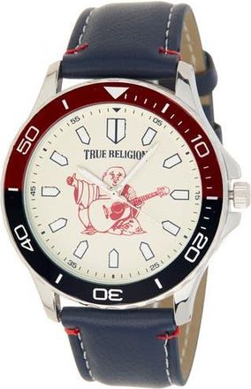 True Religion Logo Faux Leather Strap Watch, 43mm in Silver at Nordstrom Rack