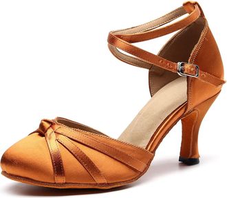 Minitoo Womens Latin Salsa Ankle Strap Closed Toe Satin Dance Shoes L117A Bronze 7.5cm Heel UK 2.5