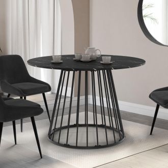 IDMarket Idmarket - Yuna Mesa De Comedor Redonda 4-6 Personas Alaska Tapa Efecto M&aacute;rmol Negro Y Pata De Alambre De Metal Negro 110 Cm