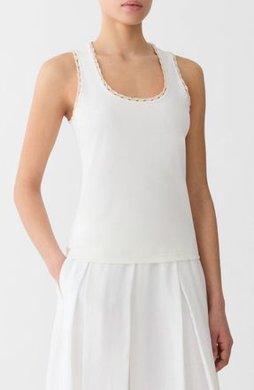 Lafayette 148 New York Rib Crochet Trim Stretch Cotton Tank in White at Nordstrom, Size X-Large