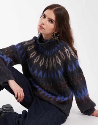Object Maglione a collo alto lavorato blu con fantasia Fair Isle multicolore