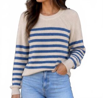 Autumn Cashmere Placement Stripe Scallop Shaker Sweater In Ecru/wedgewood
