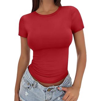 Generic Womens Basic Ladies Short Sleeve Stretchy Crop Tops for Women Solid Color Tight Fitting Fit Sports Fitness Tops Summer Slim Fit Crew Neck Cropped Shir