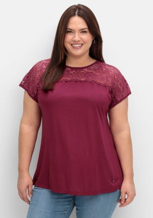 Sheego Spitzenshirt SHEEGO Spitzenshirt, Damen, Gr. 40/42, lila (beere), 100% Viskose, unifarben, Rundhals, Shirts Spitzenshirt
