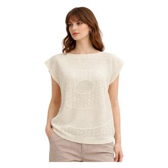 Liviana Conti Round-neck Knitwear, female, Beige, Size: S Perforated Cotton Sweater