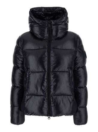 Save The Duck Biddy Black Down Jacket With Hood And Logo On The Sleeve In Tech Fabric Woman