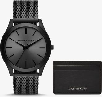 Michael Kors Oversized Slim Runway Black-Tone Watch and Card Case Gift Set