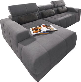 Domo Collection Ecksofa »Brandon B/T: 289/177 cm, belastbar bis 140kg/ Sitz, L-Form« mit Sitztiefenverstellung, Luxus-Microfaser, dunkelgrau