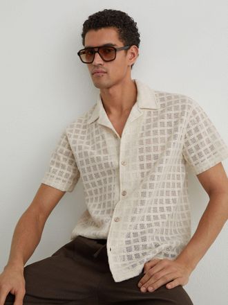 Reiss Off White Cotton-blend Crochet Tile-pattern Shirt, XL