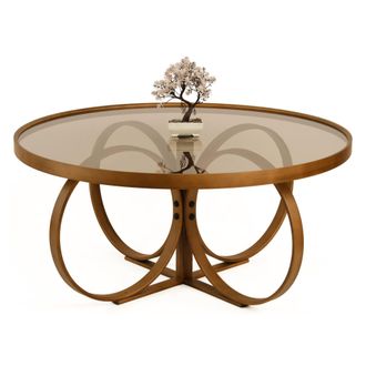 Dmora Mesa De Centro Gargallo, Cristal Templado, Forma Ovalada, Estructura De Vidrio, 100x100x47h Cm, Nogal Marr&oacute;n