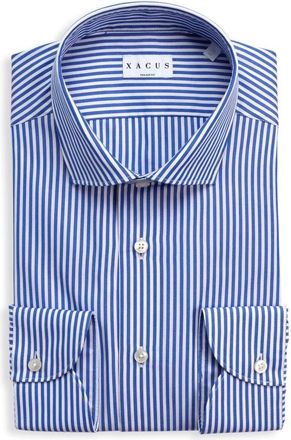 Xacus Gestreept Popeline Tailor Fit Overhemd - Heren - Zakelijke Overhemden - Blauw - L - Katoen - Overhemden
