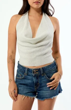PacSun Athena Cowl Halter Neck Metallic Knit Top in Ivory at Nordstrom, Size Xx-Small