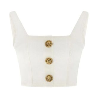 Balmain Button Square-neck Top - female - Balmain - Sleeveless Tops - White - XS - Tops