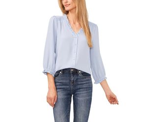 CeCe by Cynthia Steffe 3/4 Sleeve Ruffled V-Neck Blouse Womens Clothing Blue Air : LG, Spandex/Polyester