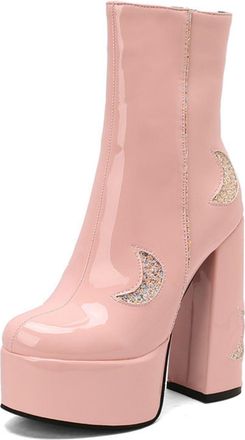 Generic Womens Patent Leather Ankle Boots with Platform & Chunky Heel,Side Zipper Sparkly Party Booties,Pink,6.5 UK