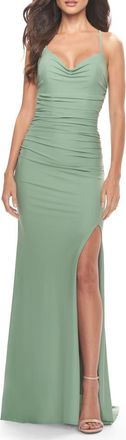 La Femme Ruched Jersey Dress with Lace Up Back in Sage at Nordstrom, Size 8
